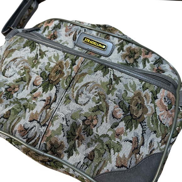 Vintage Stradellina Gray-Green Floral Tapestry Carry-On Luggage Bag Retro - Picture 9 of 10